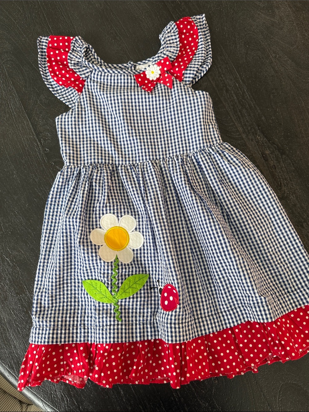 Rare Editions Navy Gingham Dress with Red Polka Dot Trim NWOT